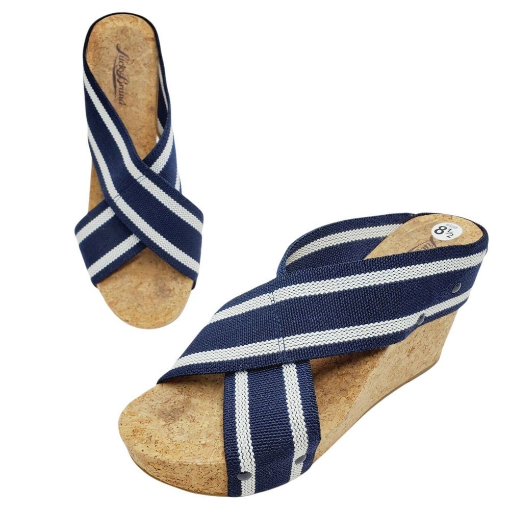 Lucky Brand Womens Shoes Sz 8.5 Miller 2 Platform Cork Wedge Sandals Blue White